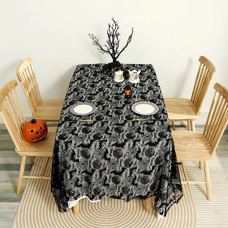 Gothic Web Lace: Black Halloween Tablecloth with Hollow-Out Design