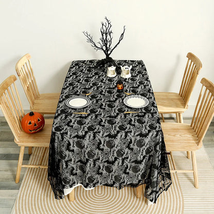 Gothic Web Lace: Black Halloween Tablecloth with Hollow-Out Design
