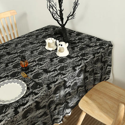 Gothic Web Lace: Black Halloween Tablecloth with Hollow-Out Design