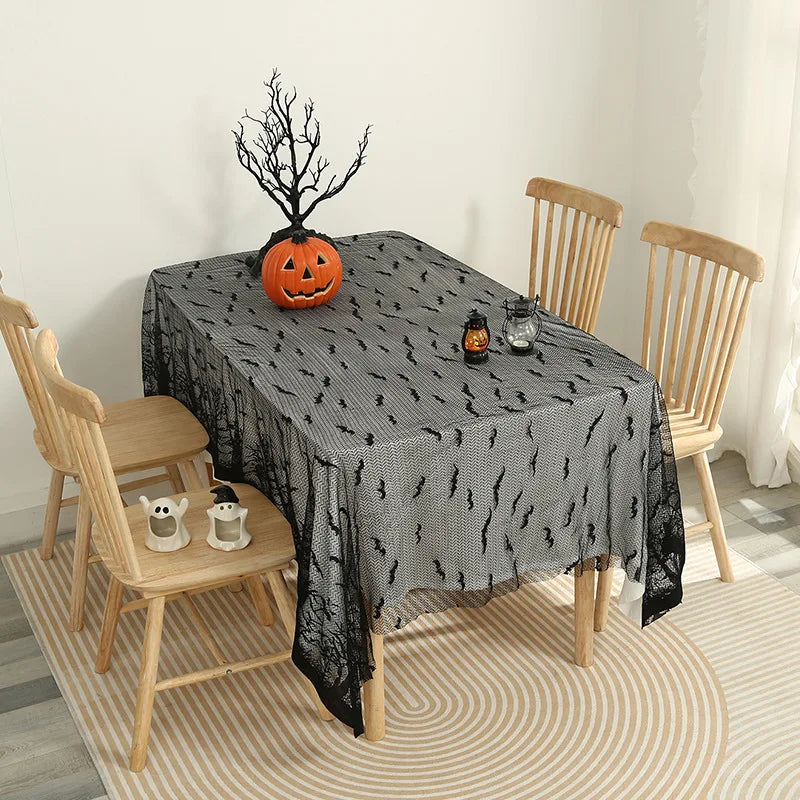 Gothic Web Lace: Black Halloween Tablecloth with Hollow-Out Design