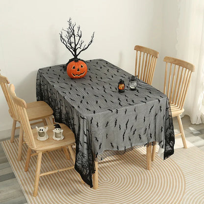Gothic Web Lace: Black Halloween Tablecloth with Hollow-Out Design