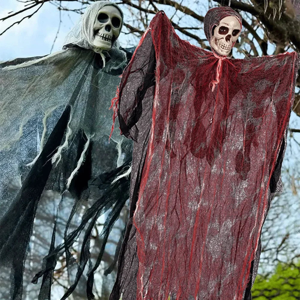 Gore Draped Ghoul: Halloween Skull Head with Red Gauze for Garden Horror