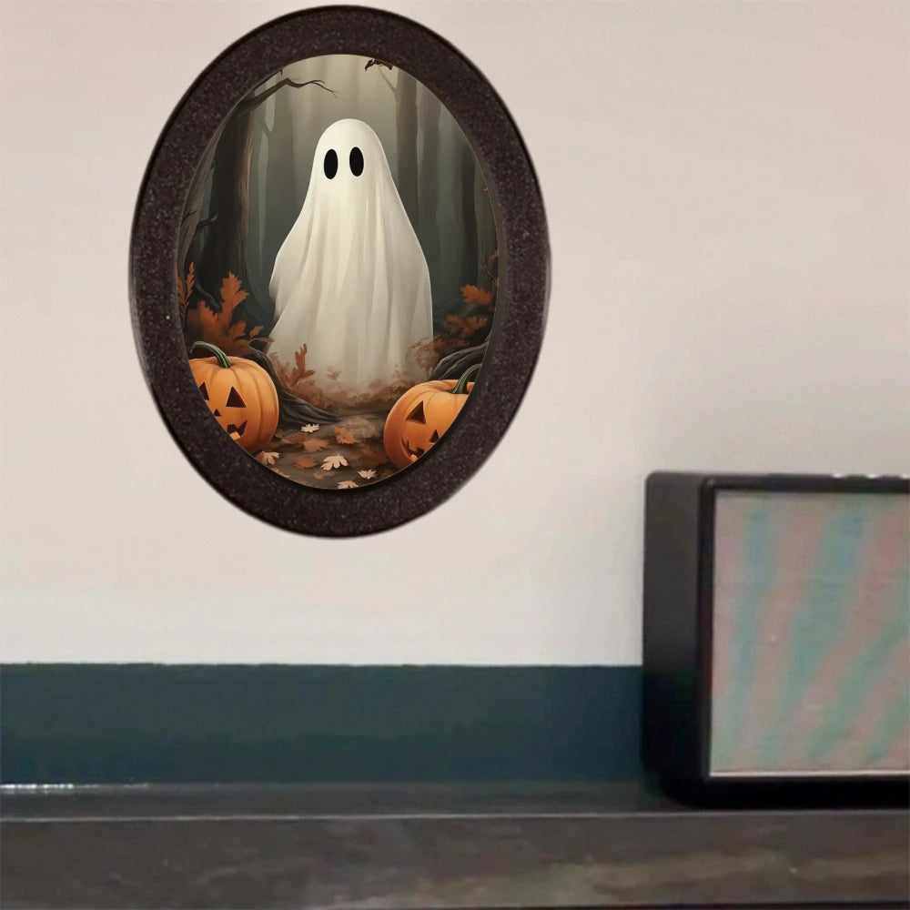 Boo & Glow Plaque: Oval Halloween Wall Sign with Ghost & Pumpkin