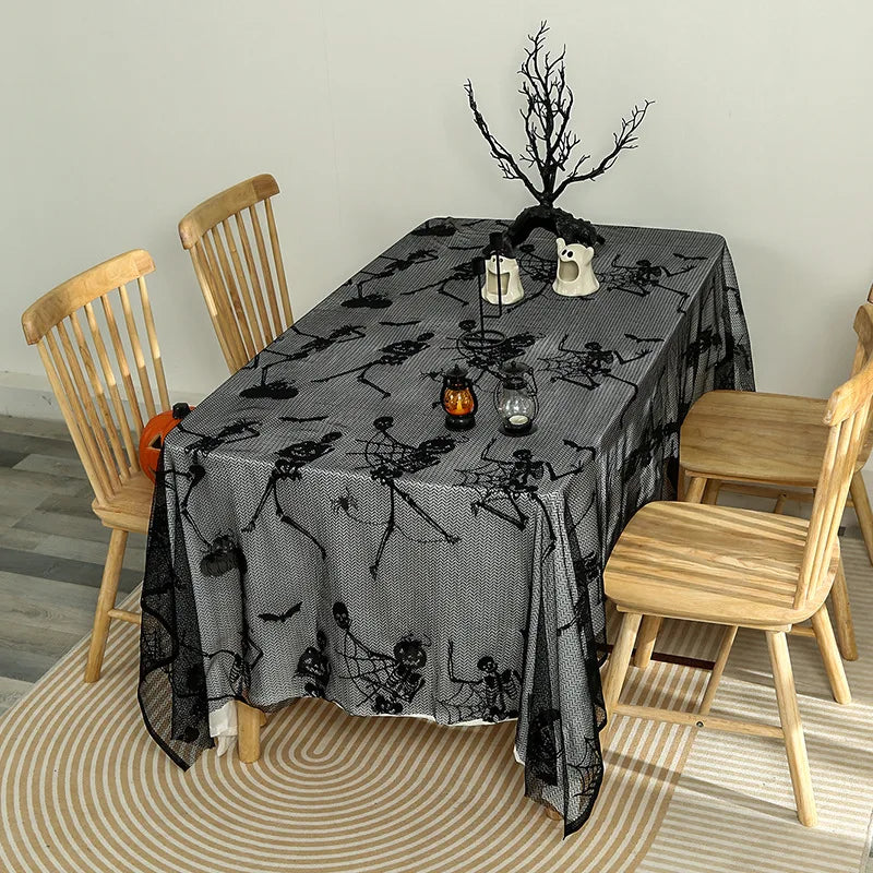 Gothic Web Lace: Black Halloween Tablecloth with Hollow-Out Design