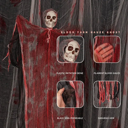 Gore Draped Ghoul: Halloween Skull Head with Red Gauze for Garden Horror