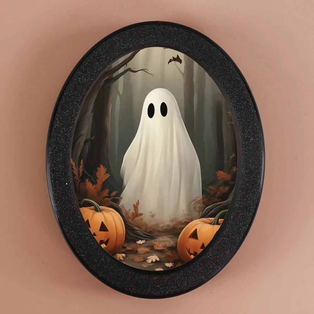 Boo & Glow Plaque: Oval Halloween Wall Sign with Ghost & Pumpkin
