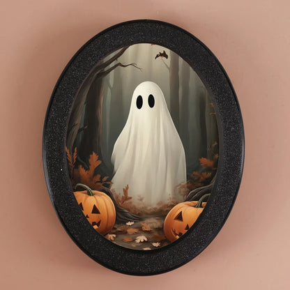 Boo & Glow Plaque: Oval Halloween Wall Sign with Ghost & Pumpkin