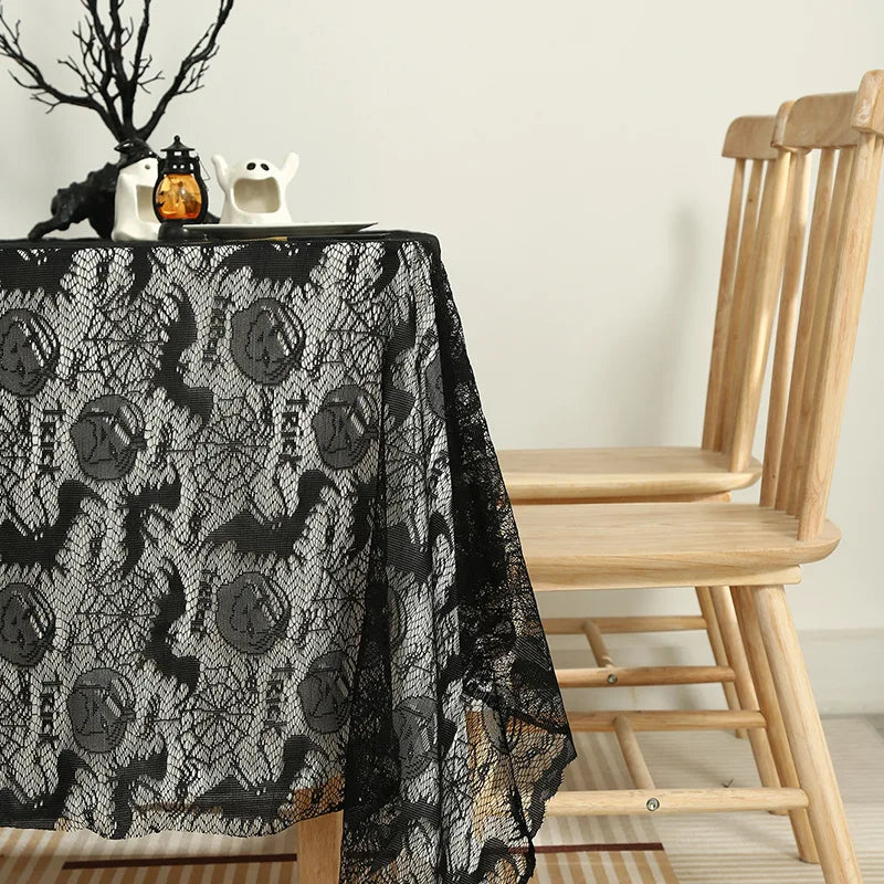 Gothic Web Lace: Black Halloween Tablecloth with Hollow-Out Design