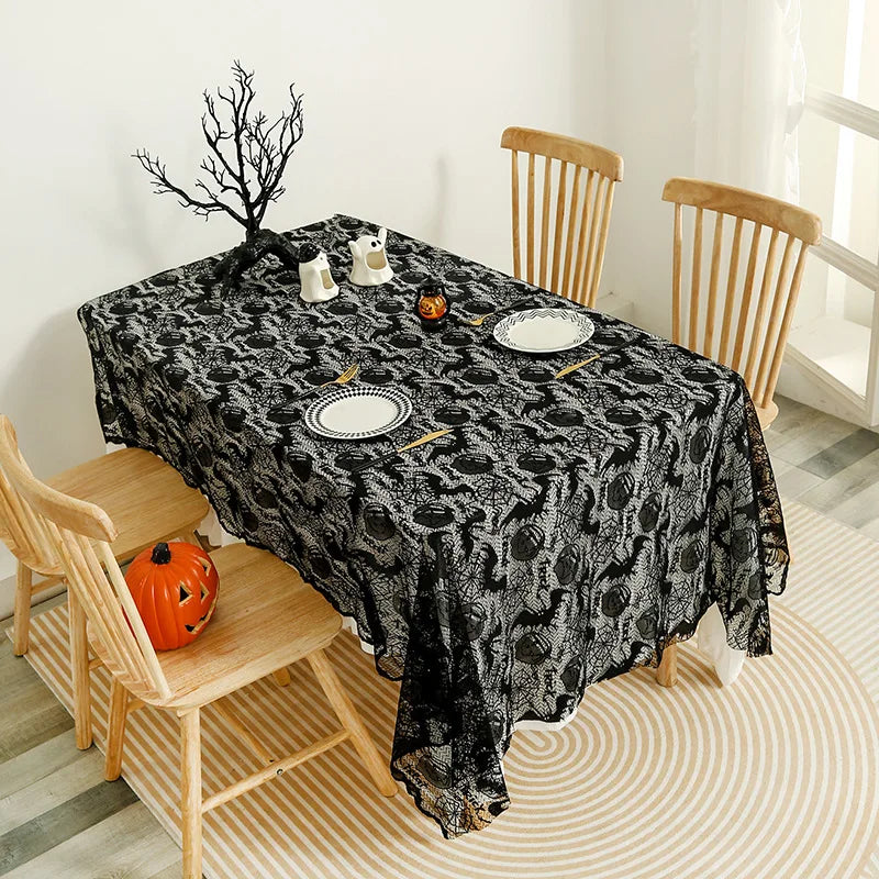 Gothic Web Lace: Black Halloween Tablecloth with Hollow-Out Design