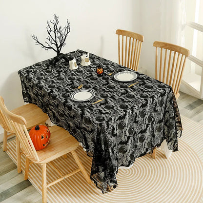Gothic Web Lace: Black Halloween Tablecloth with Hollow-Out Design