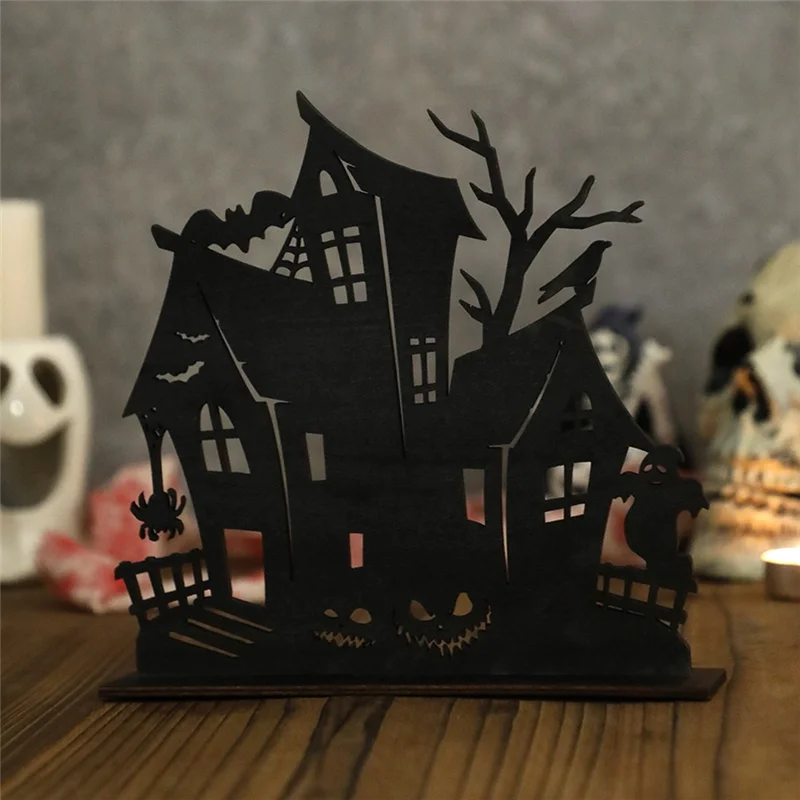 Spooky Silhouette House: Halloween Wooden Cutout for Desktop or Shelf Décor
