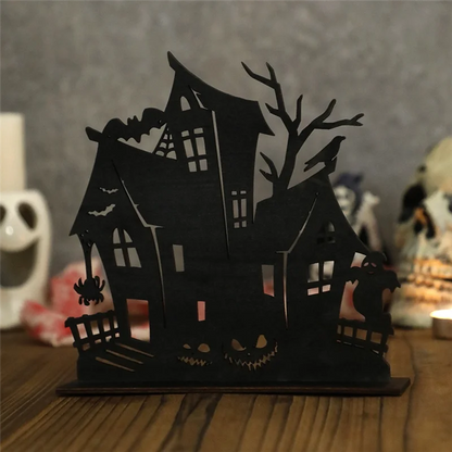 Spooky Silhouette House: Halloween Wooden Cutout for Desktop or Shelf Décor