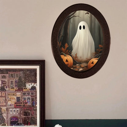Boo & Glow Plaque: Oval Halloween Wall Sign with Ghost & Pumpkin