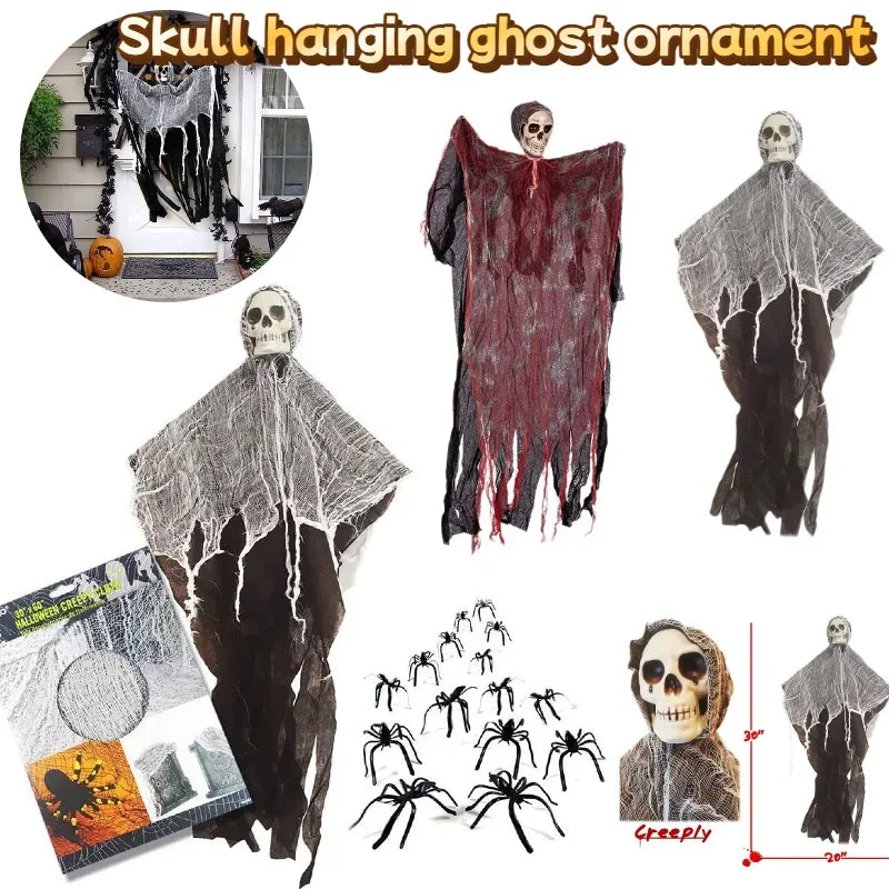 Gore Draped Ghoul: Halloween Skull Head with Red Gauze for Garden Horror