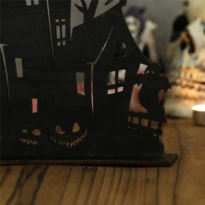 Spooky Silhouette House: Halloween Wooden Cutout for Desktop or Shelf Décor