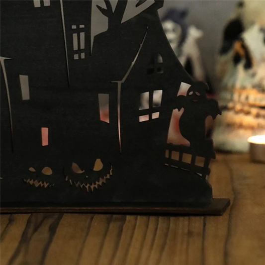 Spooky Silhouette House: Halloween Wooden Cutout for Desktop or Shelf Décor